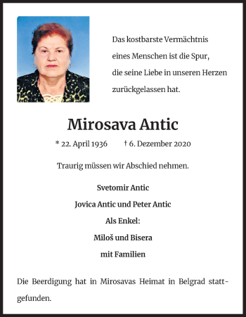 Anzeige von Mirosava Antic von Kölner Stadt-Anzeiger / Kölnische Rundschau / Express