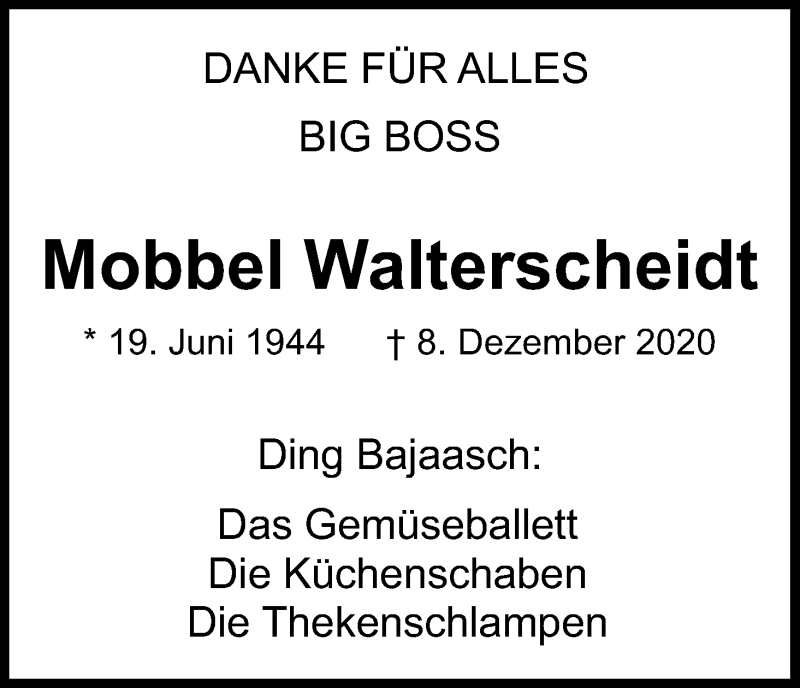  Traueranzeige für Mobbel Walterscheidt vom 12.12.2020 aus Kölner Stadt-Anzeiger / Kölnische Rundschau / Express