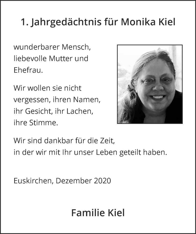  Traueranzeige für Monika Kiel vom 05.12.2020 aus  Blickpunkt Euskirchen 