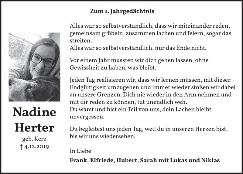  Traueranzeige für Nadine Herter vom 04.12.2020 aus  Schaufenster/Blickpunkt  Schlossbote/Werbekurier 
