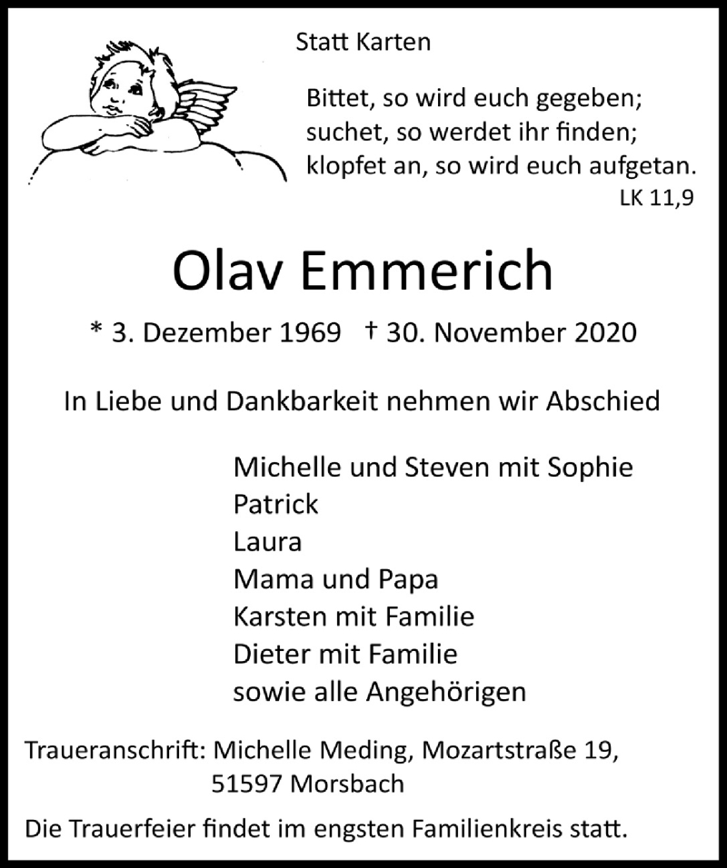  Traueranzeige für Olav Emmerich vom 04.12.2020 aus  Lokalanzeiger 