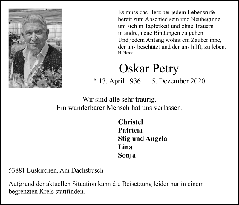  Traueranzeige für Oskar Petry vom 12.12.2020 aus  Blickpunkt Euskirchen 