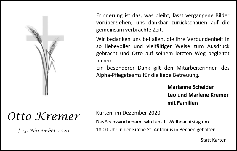  Traueranzeige für Otto Kremer vom 19.12.2020 aus Kölner Stadt-Anzeiger / Kölnische Rundschau / Express