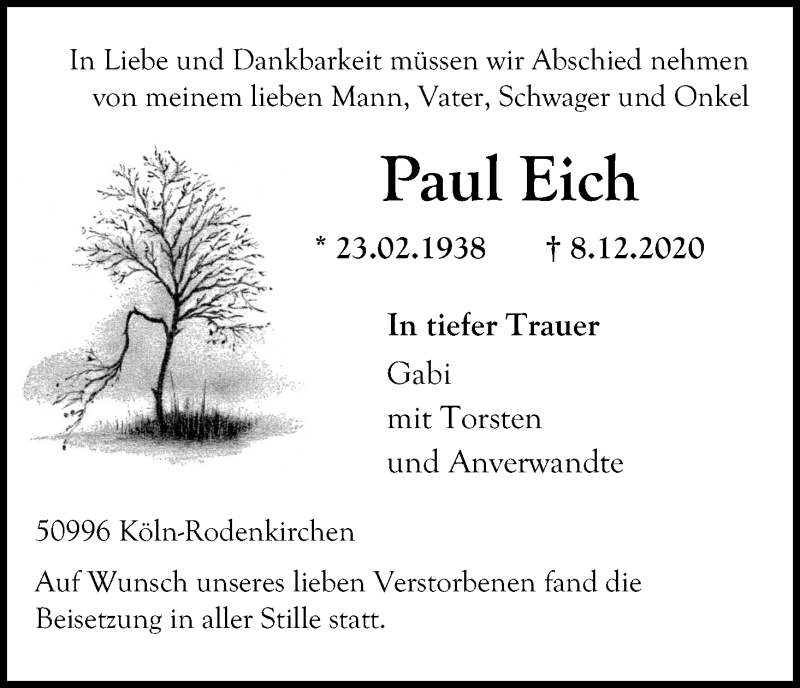  Traueranzeige für Paul Eich vom 19.12.2020 aus Kölner Stadt-Anzeiger / Kölnische Rundschau / Express