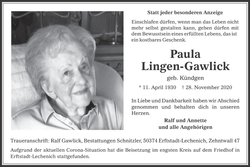  Traueranzeige für Paula Lingen-Gawlick vom 11.12.2020 aus  Werbepost 