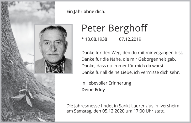  Traueranzeige für Peter Berghoff vom 05.12.2020 aus  Blickpunkt Euskirchen 