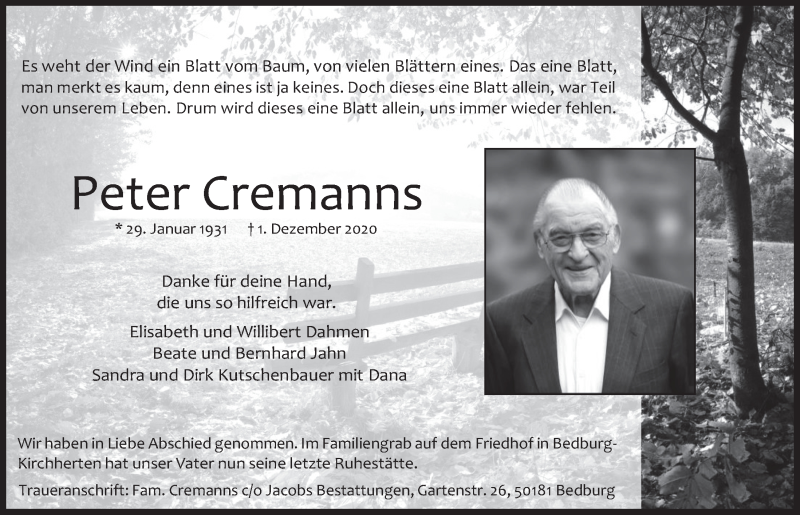  Traueranzeige für Peter Cremanns vom 11.12.2020 aus  Werbepost 