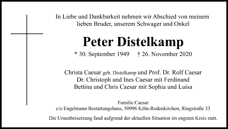  Traueranzeige für Peter Distelkamp vom 12.12.2020 aus Kölner Stadt-Anzeiger / Kölnische Rundschau / Express