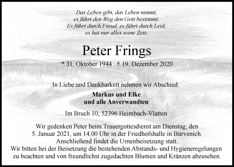  Traueranzeige für Peter Frings vom 26.12.2020 aus  Blickpunkt Euskirchen 