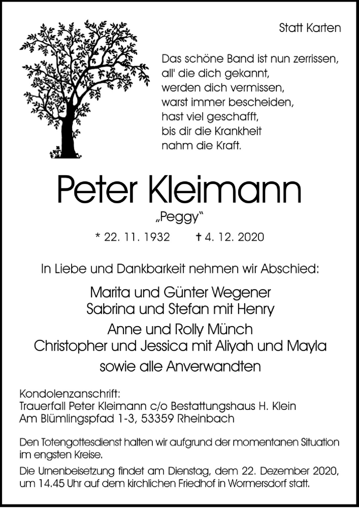  Traueranzeige für Peter Kleimann vom 18.12.2020 aus  Schaufenster/Blickpunkt 