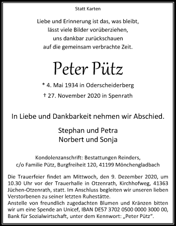 Anzeige von Peter Pütz von Kölner Stadt-Anzeiger / Kölnische Rundschau / Express