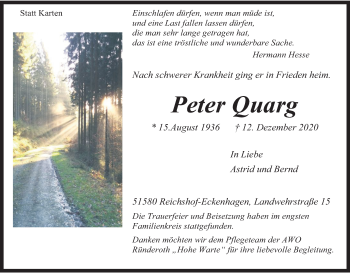 Anzeige von Peter Quarg von Kölner Stadt-Anzeiger / Kölnische Rundschau / Express