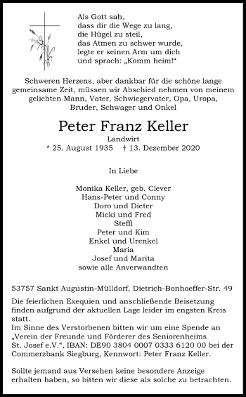 Anzeige von Peter Franz Keller von Kölner Stadt-Anzeiger / Kölnische Rundschau / Express