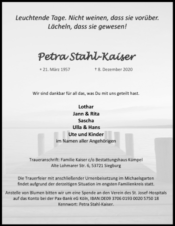 Anzeige von Petra Stahl-Kaiser von Kölner Stadt-Anzeiger / Kölnische Rundschau / Express