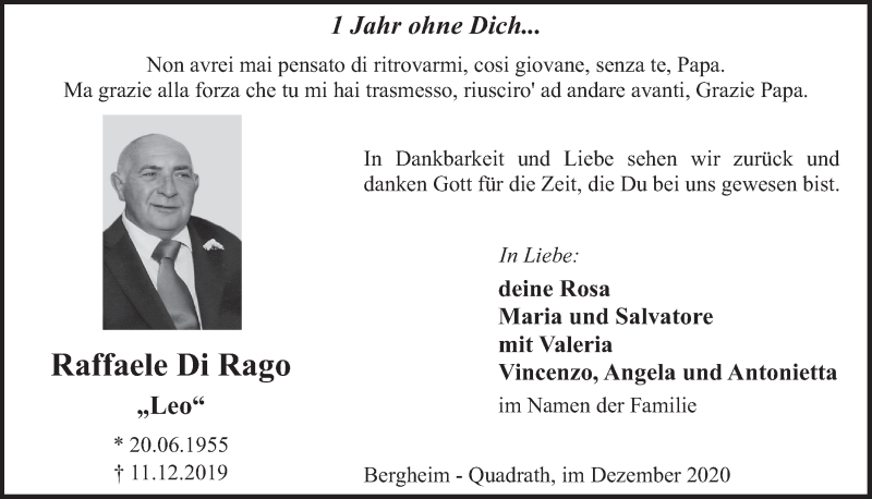  Traueranzeige für Raffaele Di Rago vom 18.12.2020 aus  Werbepost 