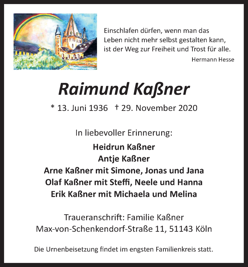  Traueranzeige für Raimund Kaßner vom 05.12.2020 aus Kölner Stadt-Anzeiger / Kölnische Rundschau / Express
