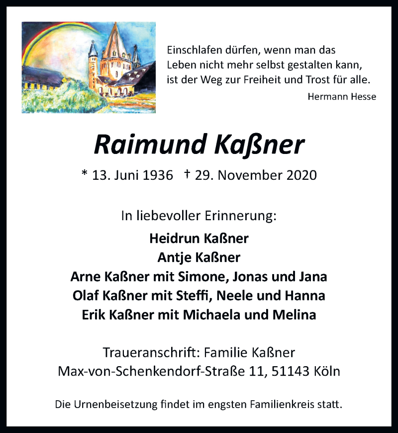  Traueranzeige für Raimund Kaßner vom 04.12.2020 aus  Kölner Wochenspiegel 