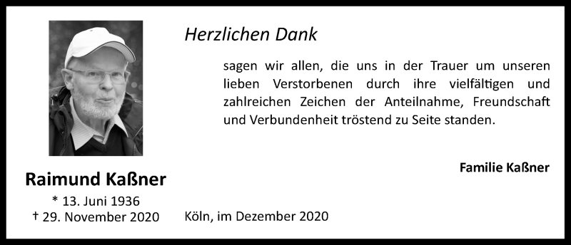  Traueranzeige für Raimund Kaßner vom 28.12.2020 aus  Kölner Wochenspiegel 