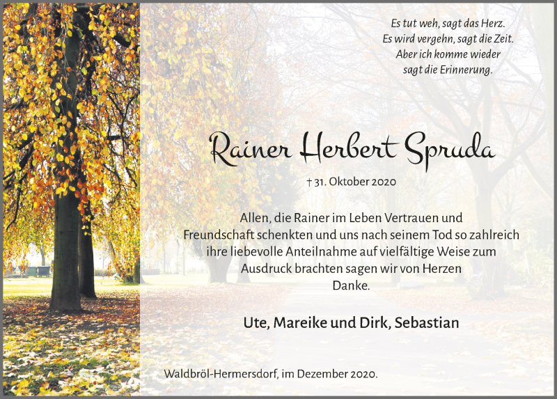  Traueranzeige für Rainer Herbert Spruda vom 11.12.2020 aus  Lokalanzeiger 