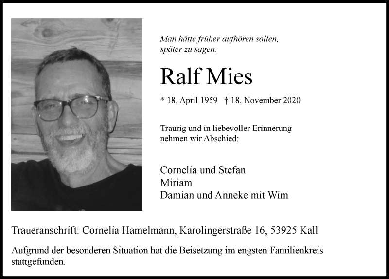  Traueranzeige für Ralf Mies vom 05.12.2020 aus  Blickpunkt Euskirchen 