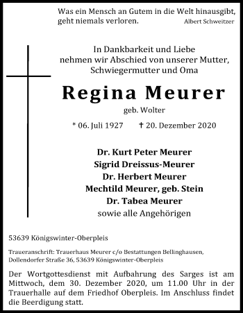 Anzeige von Regina Meurer von Kölner Stadt-Anzeiger / Kölnische Rundschau / Express