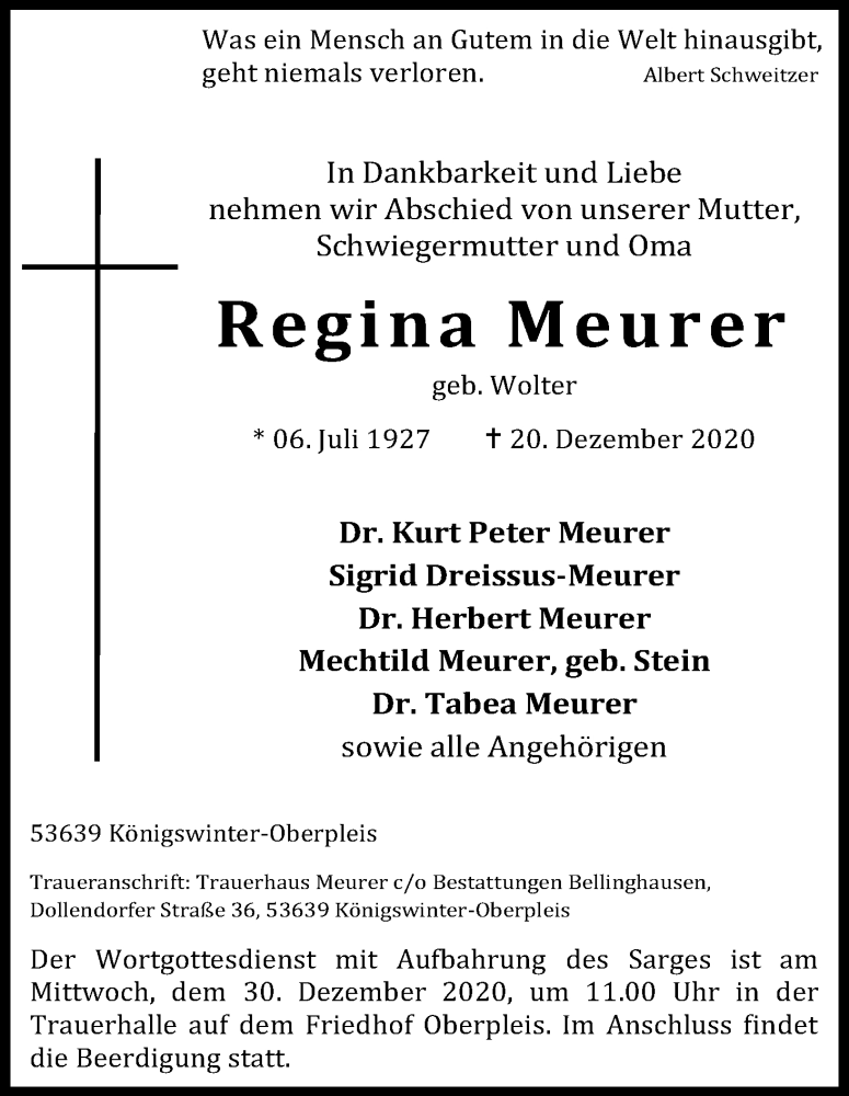  Traueranzeige für Regina Meurer vom 23.12.2020 aus Kölner Stadt-Anzeiger / Kölnische Rundschau / Express