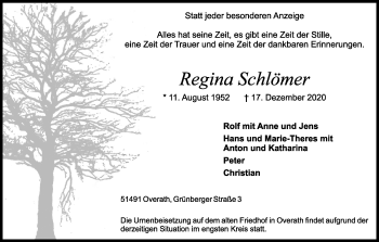 Anzeige von Regina Schlömer von Kölner Stadt-Anzeiger / Kölnische Rundschau / Express
