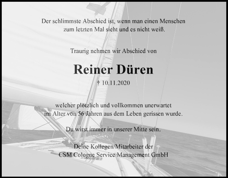  Traueranzeige für Reiner Düren vom 05.12.2020 aus Kölner Stadt-Anzeiger / Kölnische Rundschau / Express