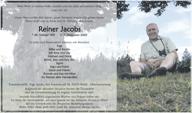  Traueranzeige für Reiner Jacobs vom 28.12.2020 aus  Anzeigen Echo 