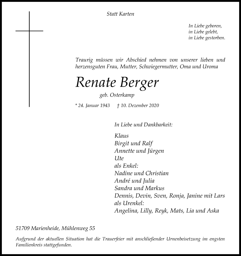  Traueranzeige für Renate Berger vom 28.12.2020 aus Kölner Stadt-Anzeiger / Kölnische Rundschau / Express
