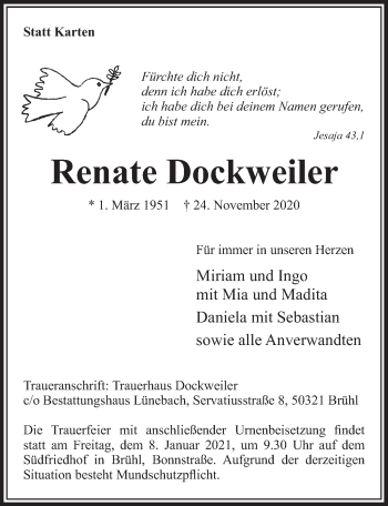 Anzeige von Renate Dockweiler von  Schlossbote/Werbekurier 