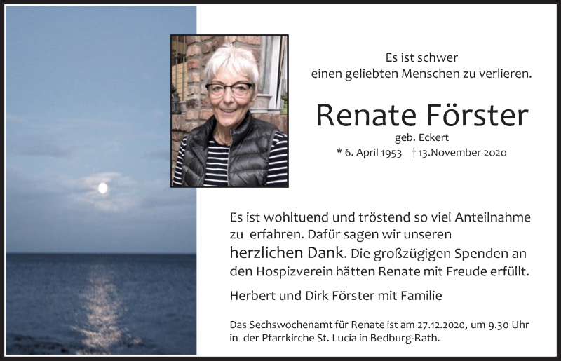  Traueranzeige für Renate Förster vom 18.12.2020 aus  Werbepost 
