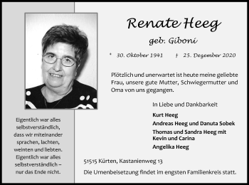 Anzeige von Renate Heeg von Kölner Stadt-Anzeiger / Kölnische Rundschau / Express