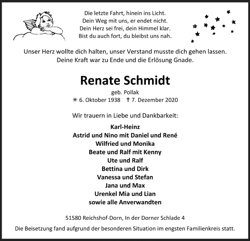  Traueranzeige für Renate Schmidt vom 18.12.2020 aus  Anzeigen Echo 