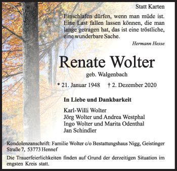 Anzeige von Renate Wolter von Kölner Stadt-Anzeiger / Kölnische Rundschau / Express
