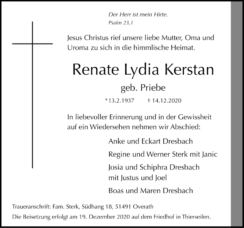  Traueranzeige für Renate Lydia Kerstan vom 18.12.2020 aus  Lokalanzeiger 