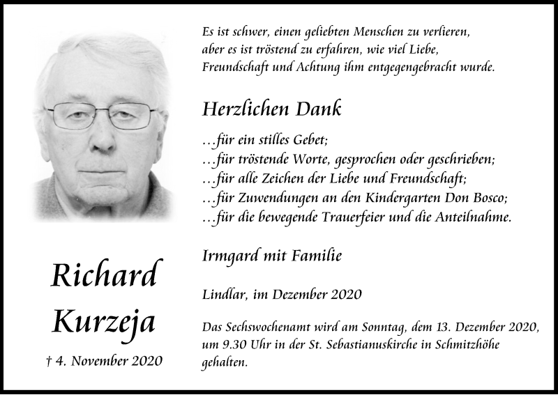  Traueranzeige für Richard Kurzeja vom 05.12.2020 aus Kölner Stadt-Anzeiger / Kölnische Rundschau / Express