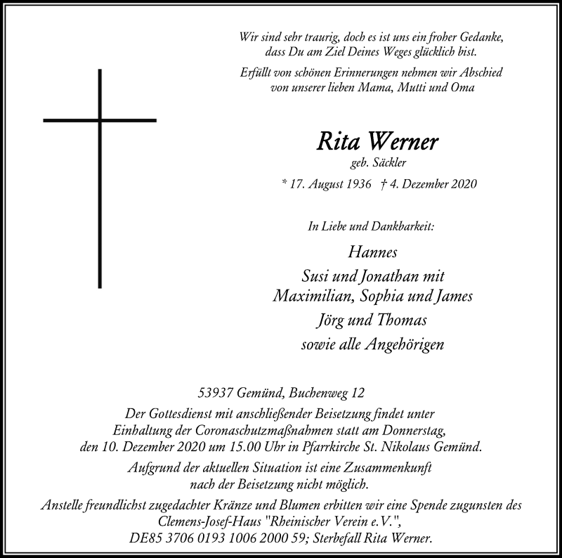  Traueranzeige für Rita Werner vom 10.12.2020 aus Kölner Stadt-Anzeiger / Kölnische Rundschau / Express