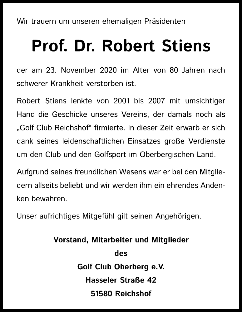  Traueranzeige für Robert Stiens vom 11.12.2020 aus Kölner Stadt-Anzeiger / Kölnische Rundschau / Express