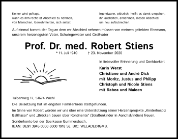 Anzeige von Robert Stiens von Kölner Stadt-Anzeiger / Kölnische Rundschau / Express