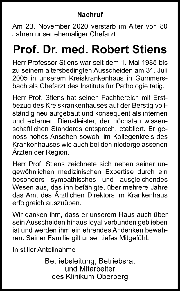  Traueranzeige für Robert Stiens vom 12.12.2020 aus Kölner Stadt-Anzeiger / Kölnische Rundschau / Express