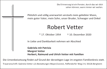 Anzeige von Robert Vetter von  Werbepost 