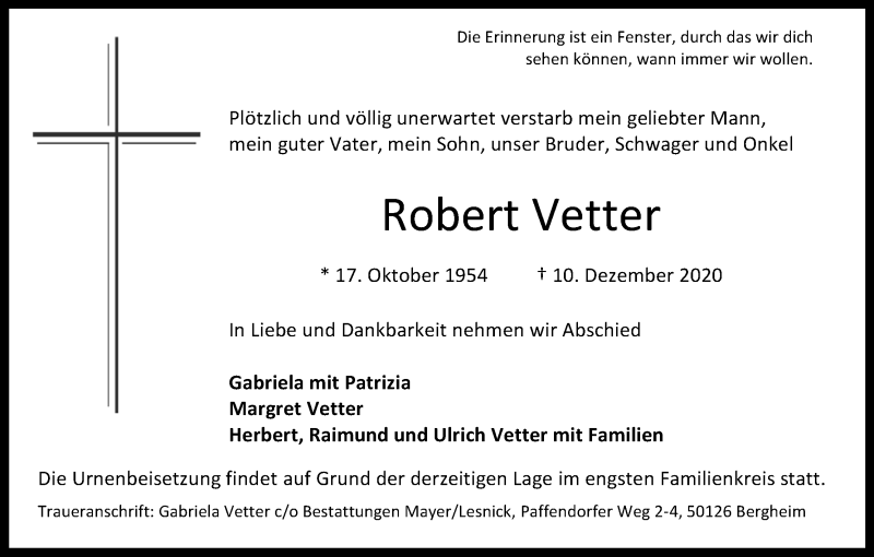  Traueranzeige für Robert Vetter vom 19.12.2020 aus Kölner Stadt-Anzeiger / Kölnische Rundschau / Express