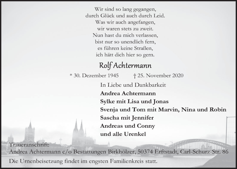  Traueranzeige für Rolf Achtermann vom 11.12.2020 aus  Werbepost 