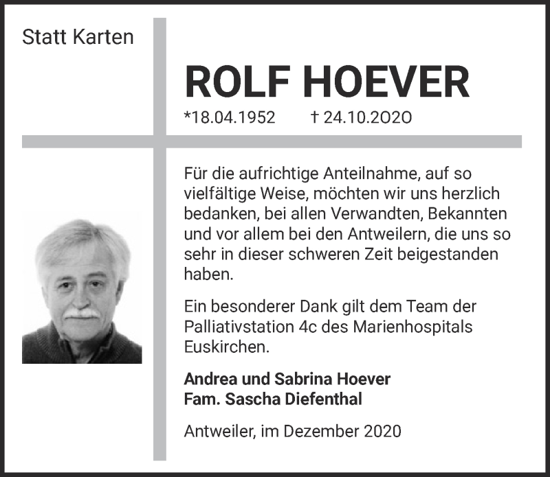  Traueranzeige für Rolf Hoever vom 12.12.2020 aus  Blickpunkt Euskirchen 