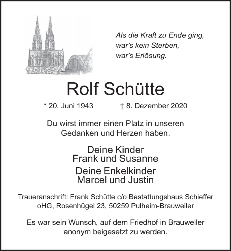  Traueranzeige für Rolf Schütte vom 18.12.2020 aus  Wochenende 