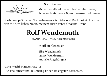 Anzeige von Rolf Wendemuth von Kölner Stadt-Anzeiger / Kölnische Rundschau / Express