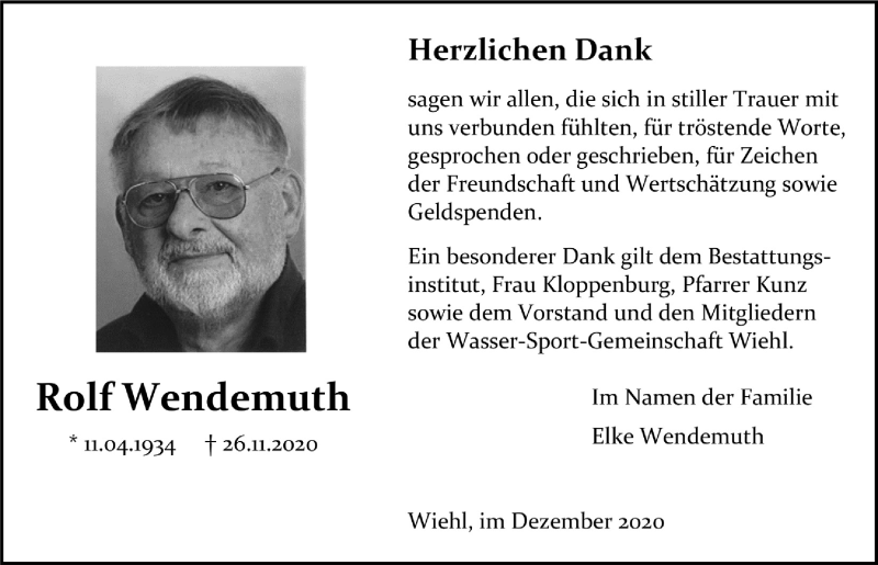  Traueranzeige für Rolf Wendemuth vom 18.12.2020 aus  Anzeigen Echo 