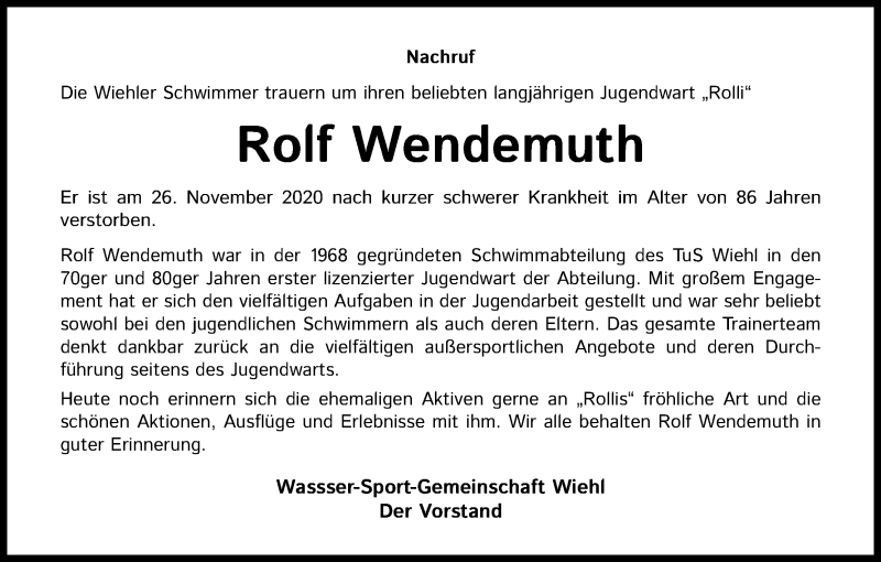  Traueranzeige für Rolf Wendemuth vom 17.12.2020 aus Kölner Stadt-Anzeiger / Kölnische Rundschau / Express