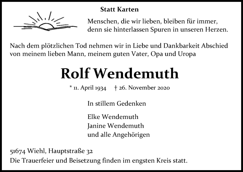  Traueranzeige für Rolf Wendemuth vom 05.12.2020 aus Kölner Stadt-Anzeiger / Kölnische Rundschau / Express
